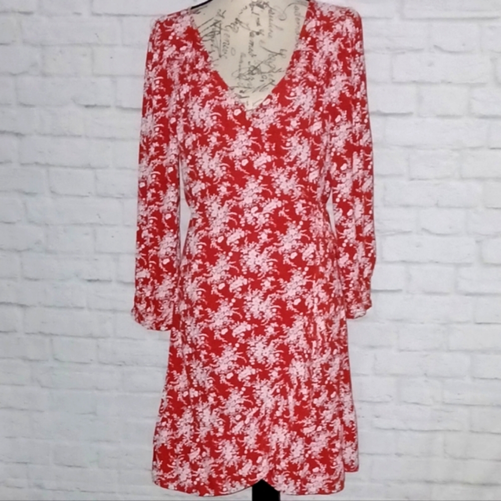 American Eagle Flowy Red and White Floral Wrap Mini Dress, M